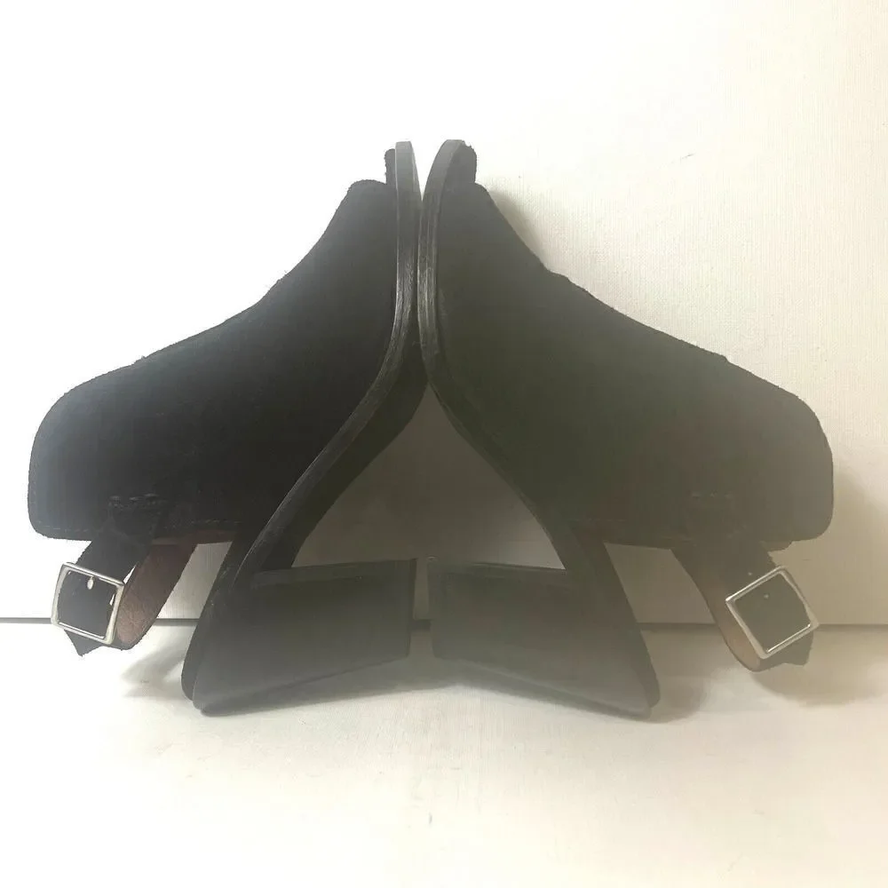 Frye Black Suede Ankle Bootie High Heels Wrap Women's Size 8.5 B Peep Toe Buckle